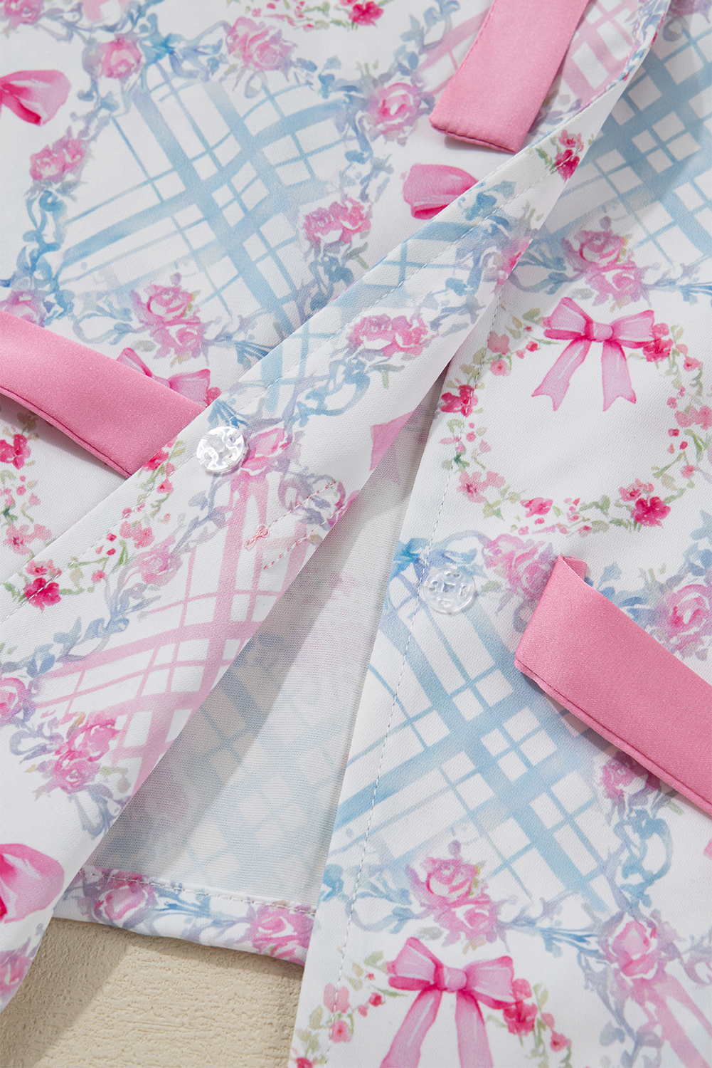 Pink Bow Wreath Pattern Christmas Holiday Tied Front Long Sleeve 2pcs Pajama Set - loveforevers