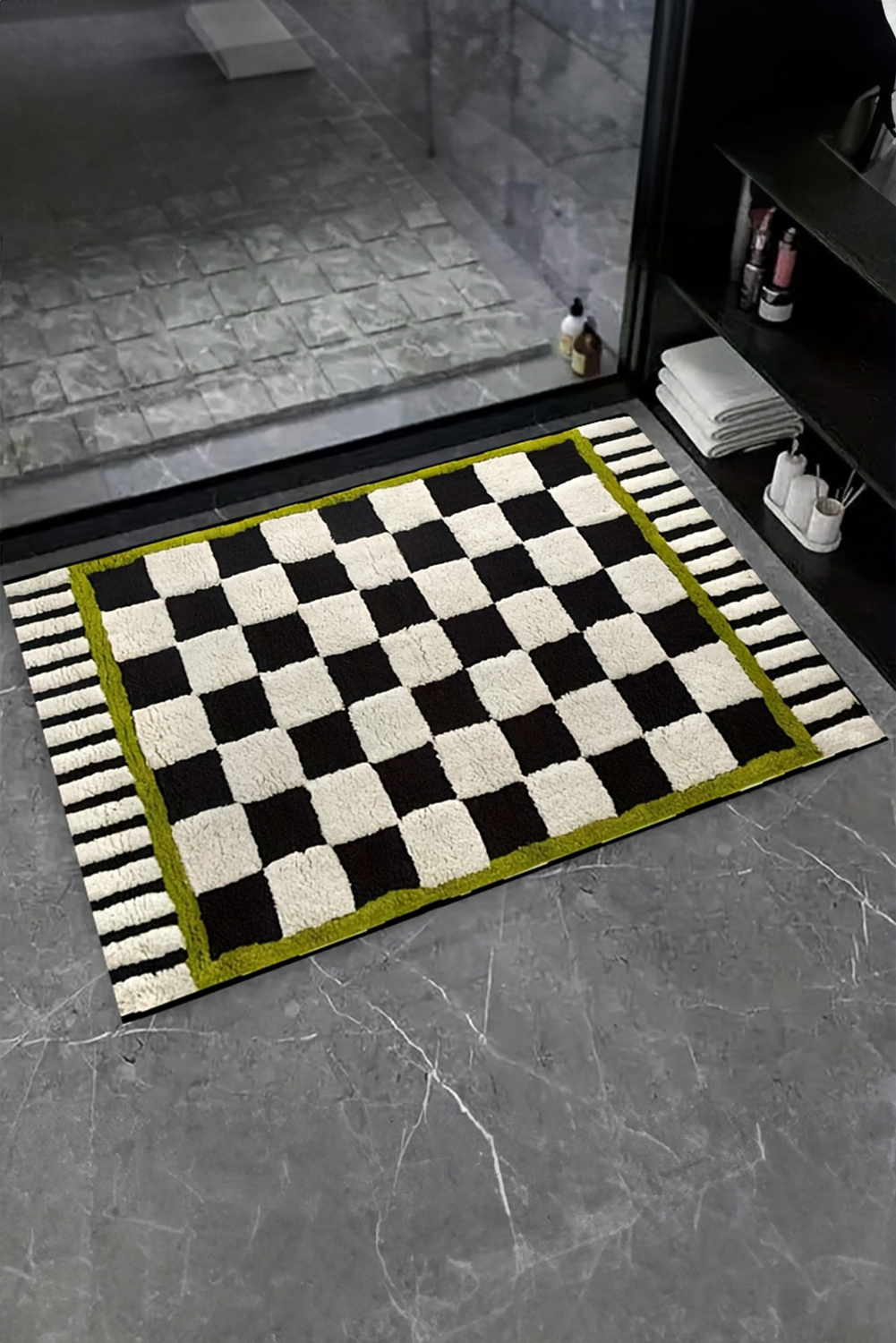 Spinach Green Square Trim Plush Checkered Striped Bath Rug - loveforevers
