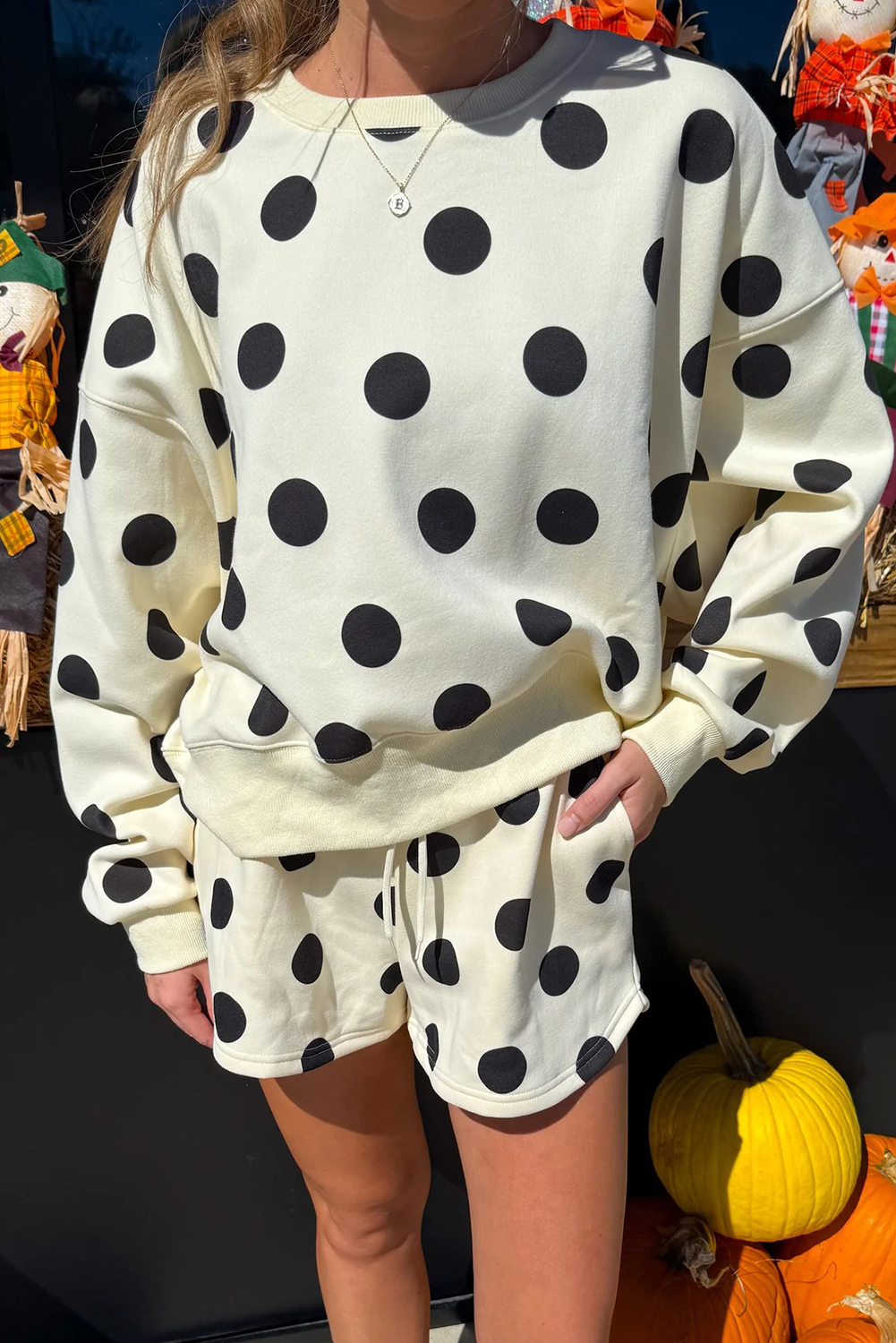 Beige Polka Dot Print Drop Shoulder Pullover Drawstring Jogger Pant Set - loveforevers