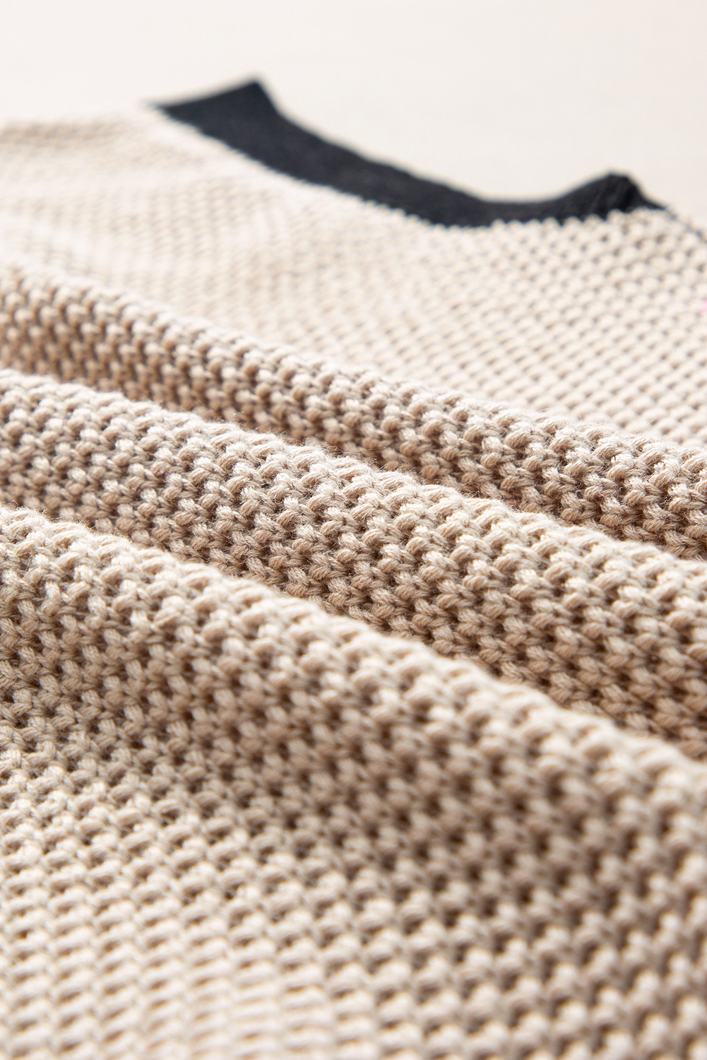 Light French Beige Contrast Trim Round Neck Batwing Sleeve Sweater Top - loveforevers