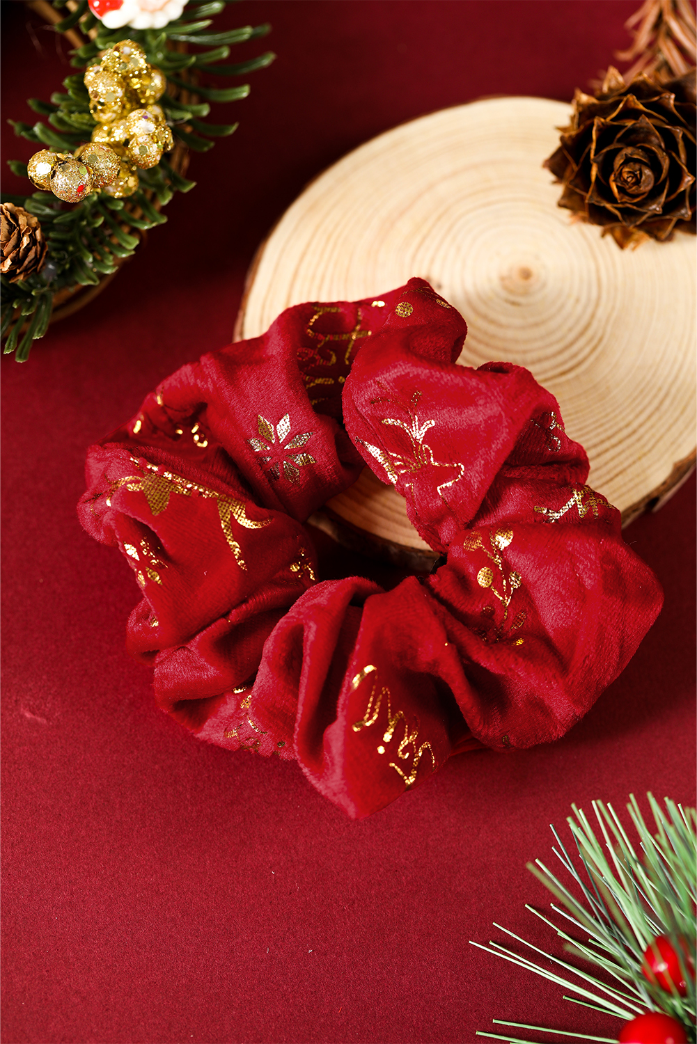 Fiery Red Shimmer Christmas Snowflake Reindeer Print Scrunchie Hair Tie - loveforevers