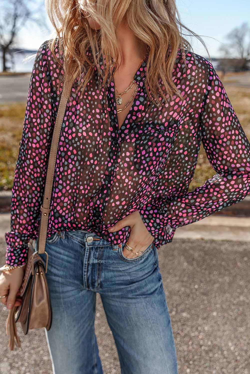 Grape Wine Polka Dot Printed Buttoned Casual Shirt - loveforevers