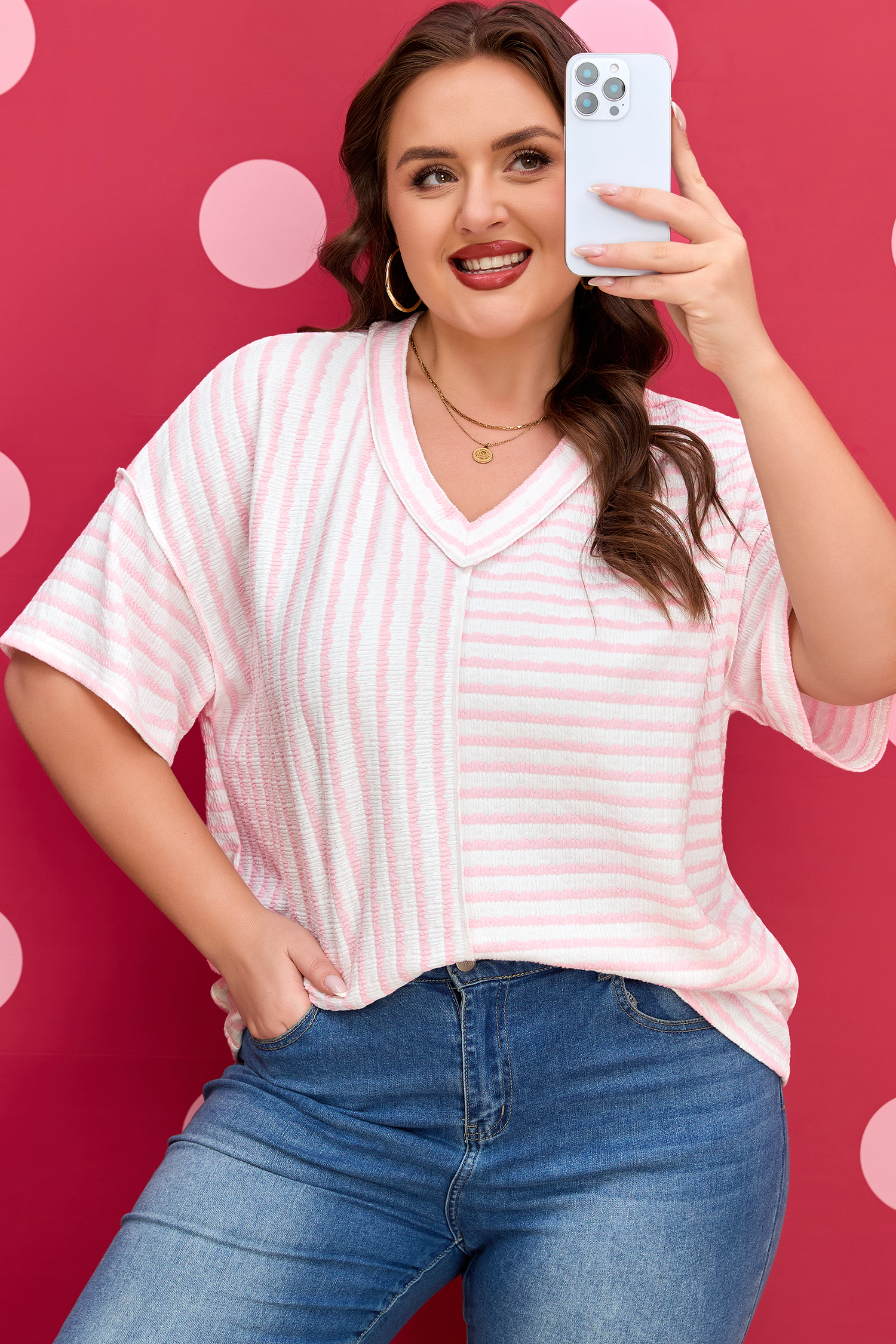 Pink Stripe Plus Size V Neck Exposed Seam Patchwork T Shirt - loveforevers