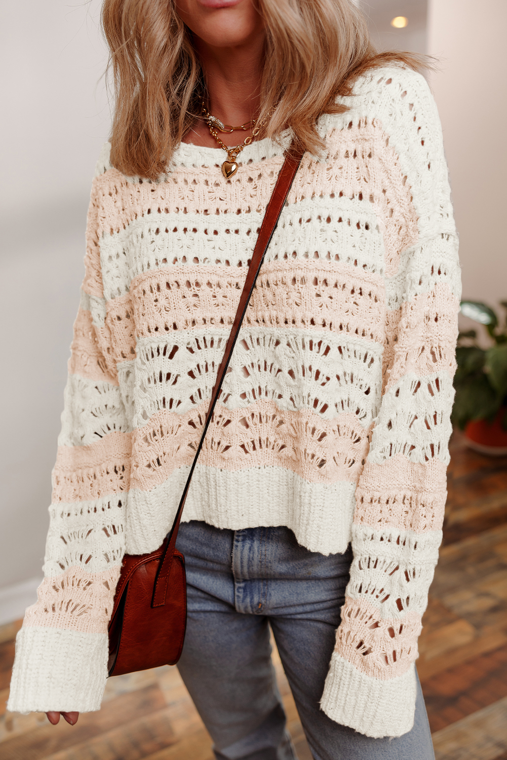 Pink Hollow-out Colorblock Drop Shoulder Casual Sweater - loveforevers