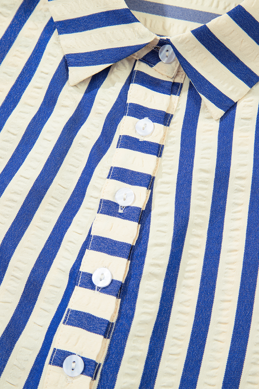 Blue Stripe Collared Half Button Side Pockets Loose Fit Mini Dress - loveforevers