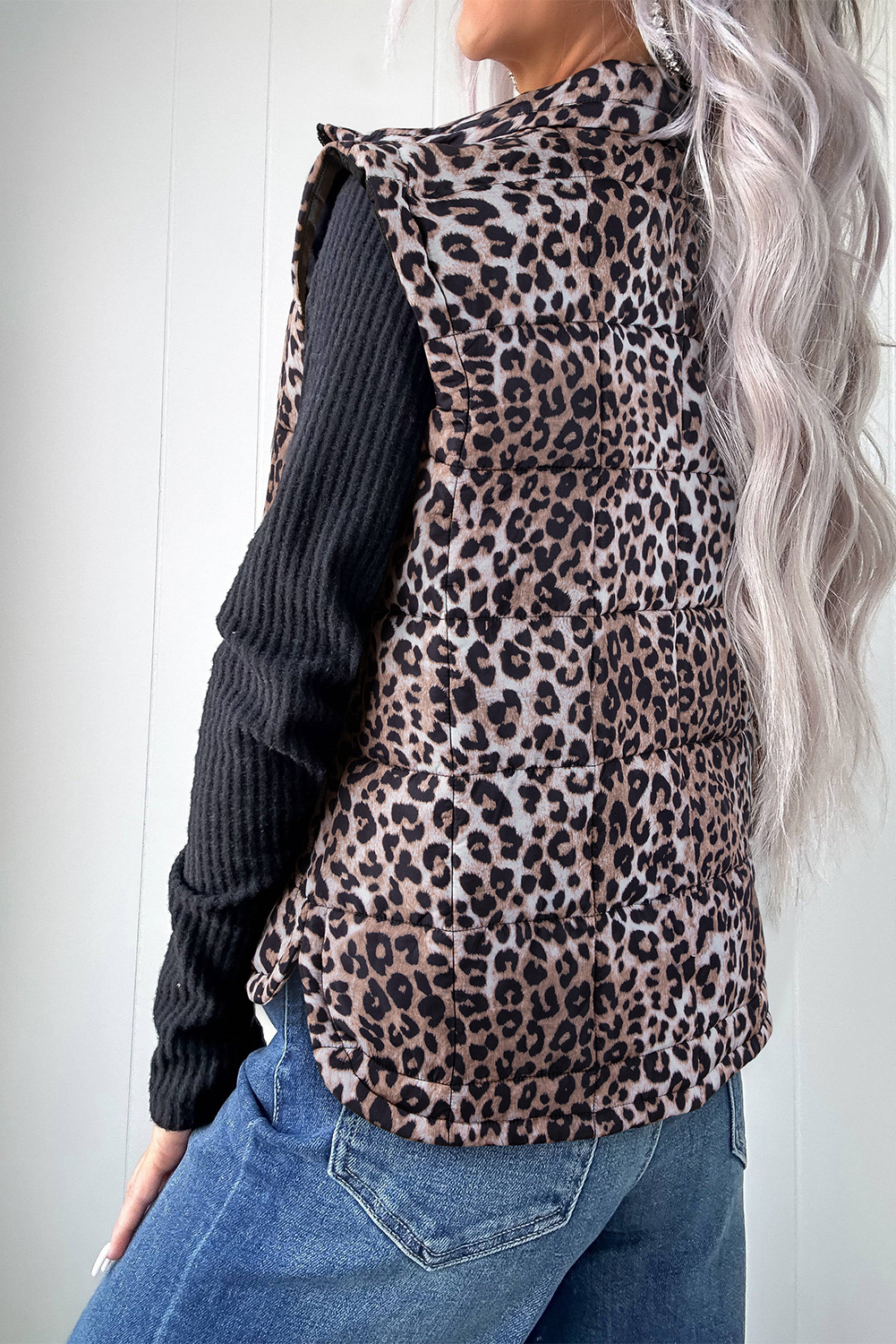 Brown Leopard Quilted Full Zipper Casual Puff Vest - loveforevers