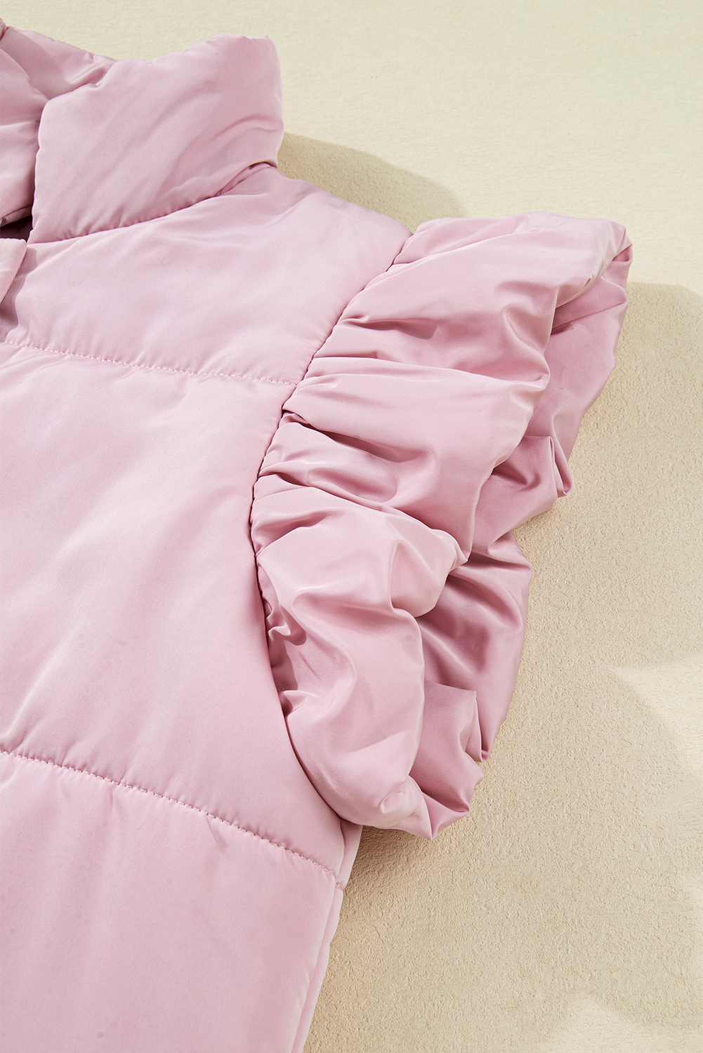 Pink Stand Neck Flutter Sleeve Snap Button Puffer Vest - loveforevers