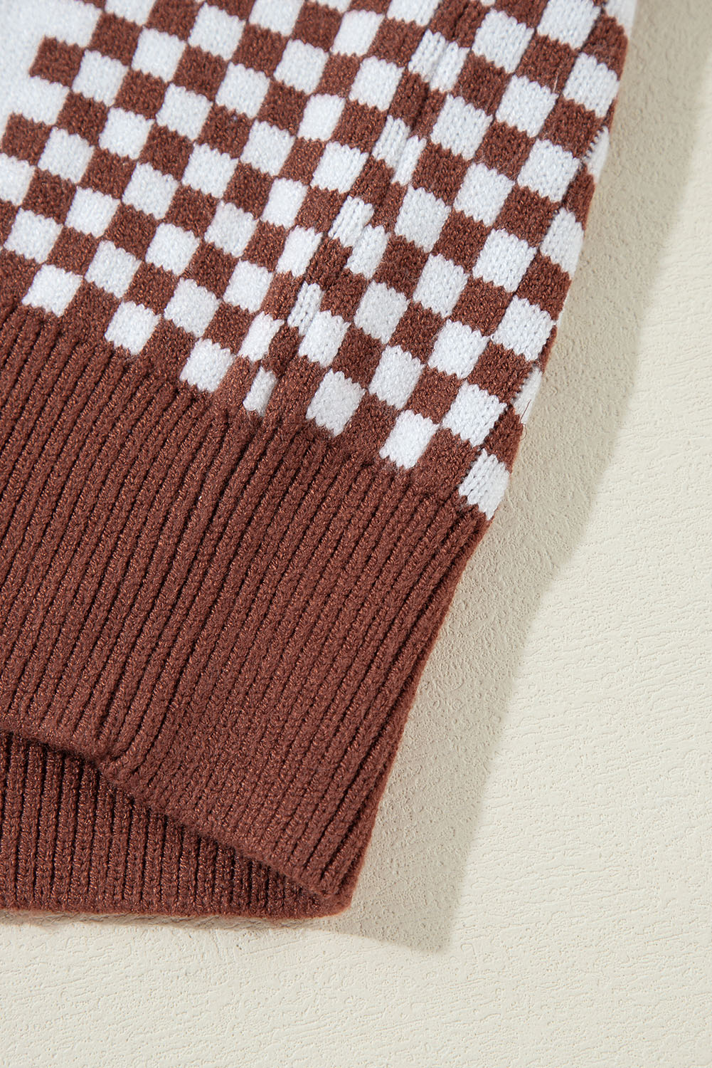 Khaki Checkered Print Drop Shoulder Round Neck Sweater - loveforevers