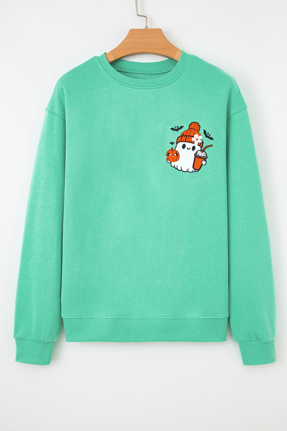 Aruba Blue Cute Halloween Ghost Embroidered Casual Sweatshirt - loveforevers
