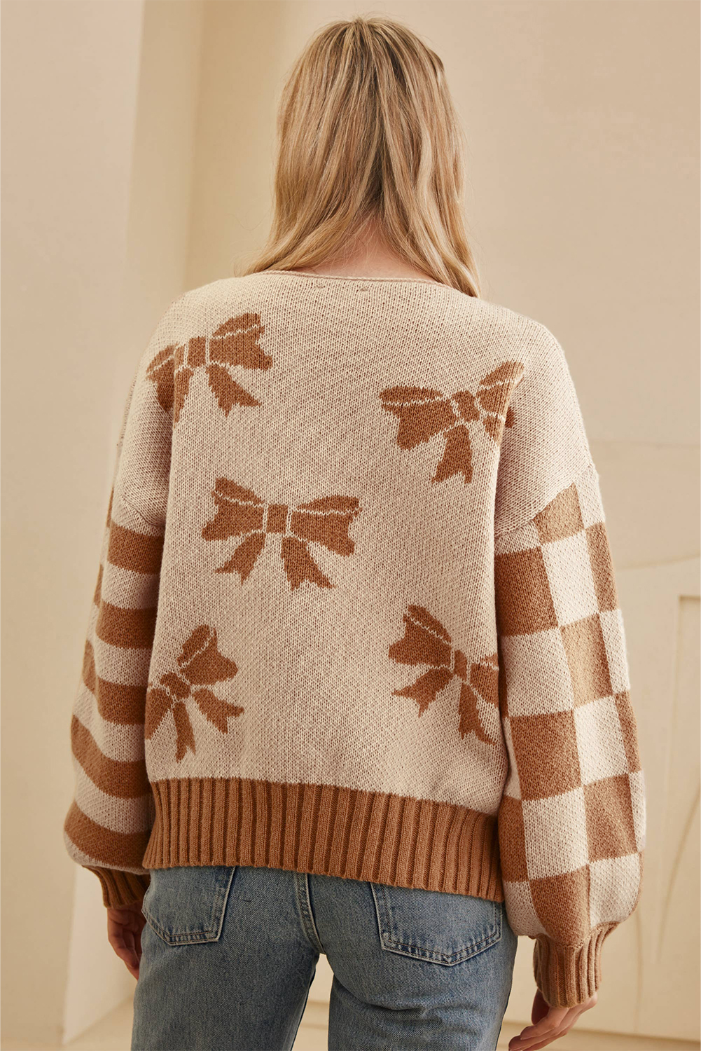 Straw Yellow Ribbon Bow Print Checkered Striped Sleeve Drop Shoulder Sweater - loveforevers