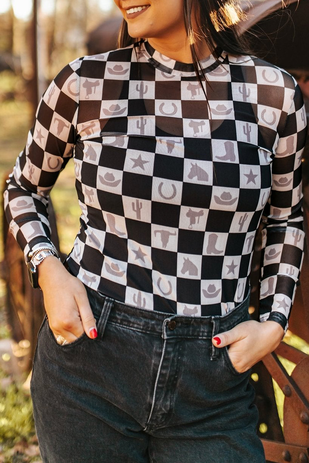 Khaki Checkered Pattern Mesh Mock Neck Long Sleeve Top - loveforevers