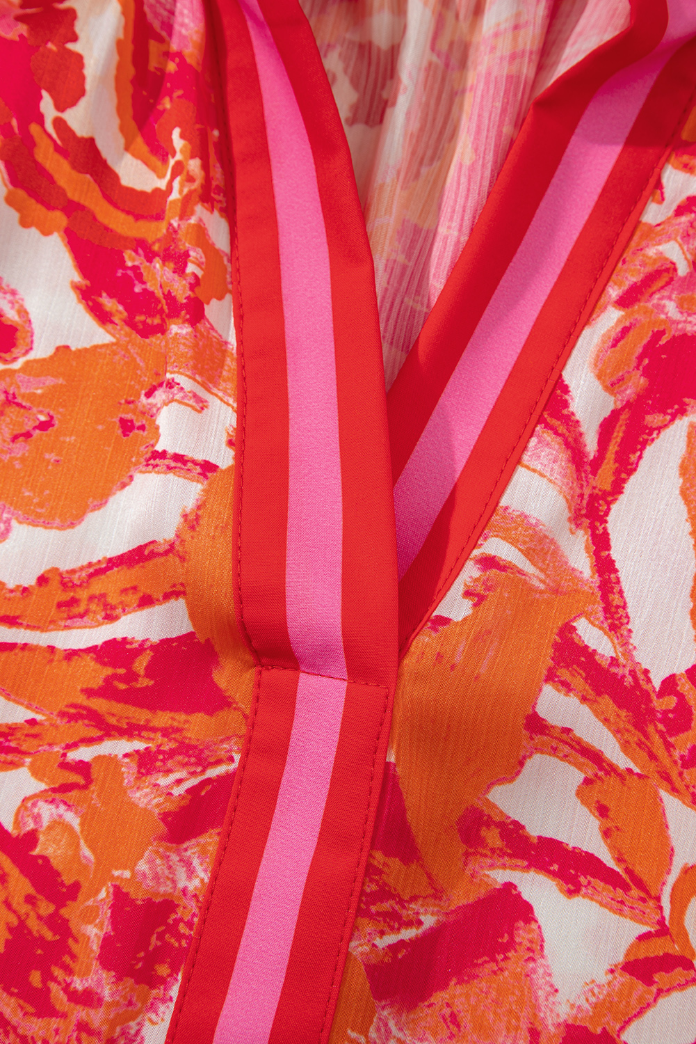 Rose Abstract Print Striped Trim Split Neck Blouse - loveforevers