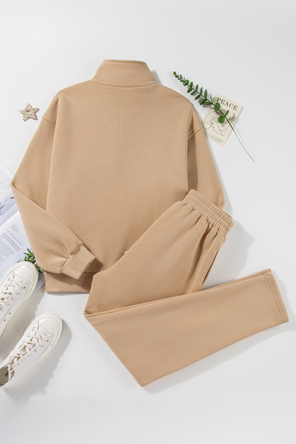 Parchment Solid Half Button Sweatshirt and High Waist Sweatpants Set - loveforevers