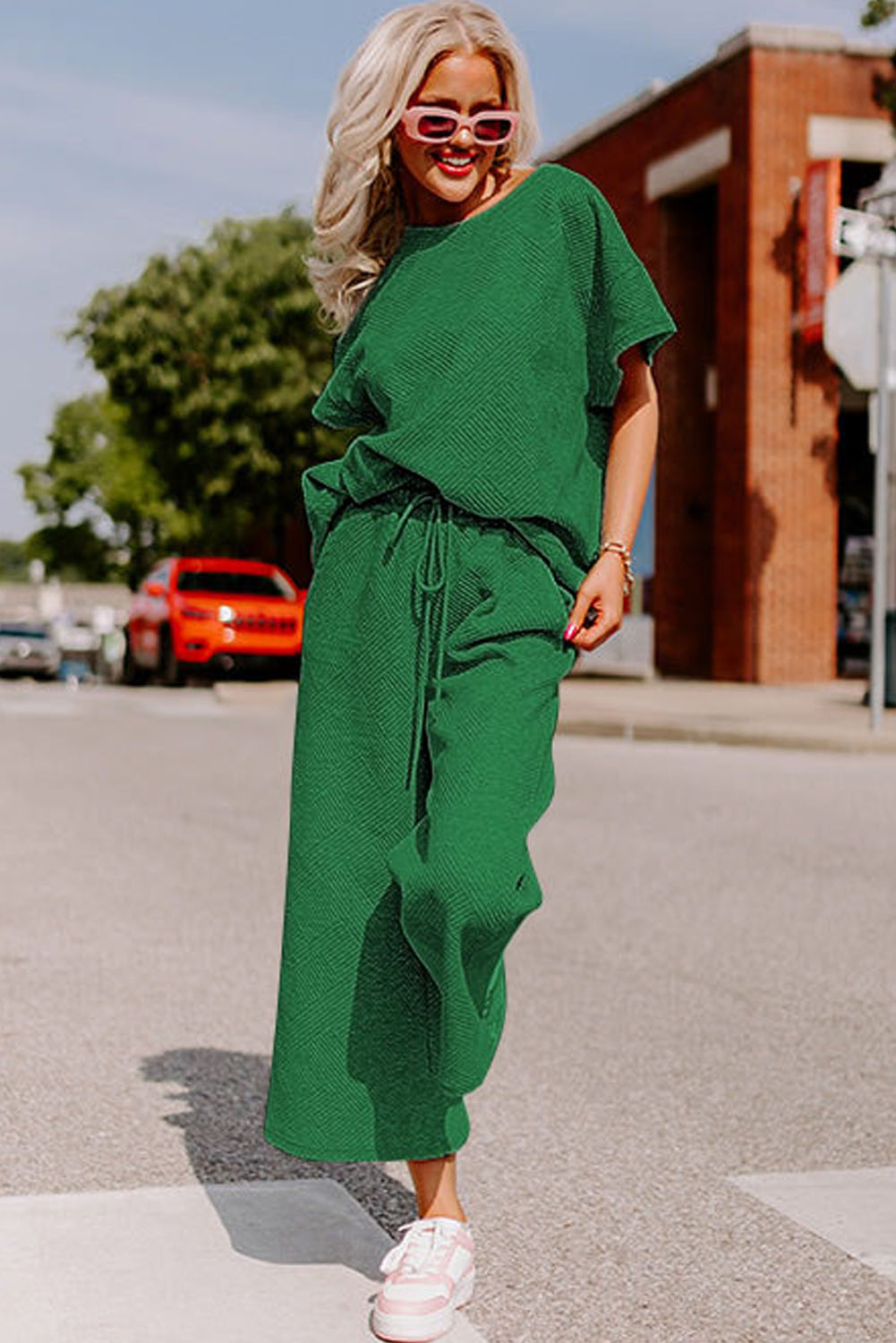 Dark Green Textured Loose Fit T Shirt and Drawstring Pants Set - loveforevers