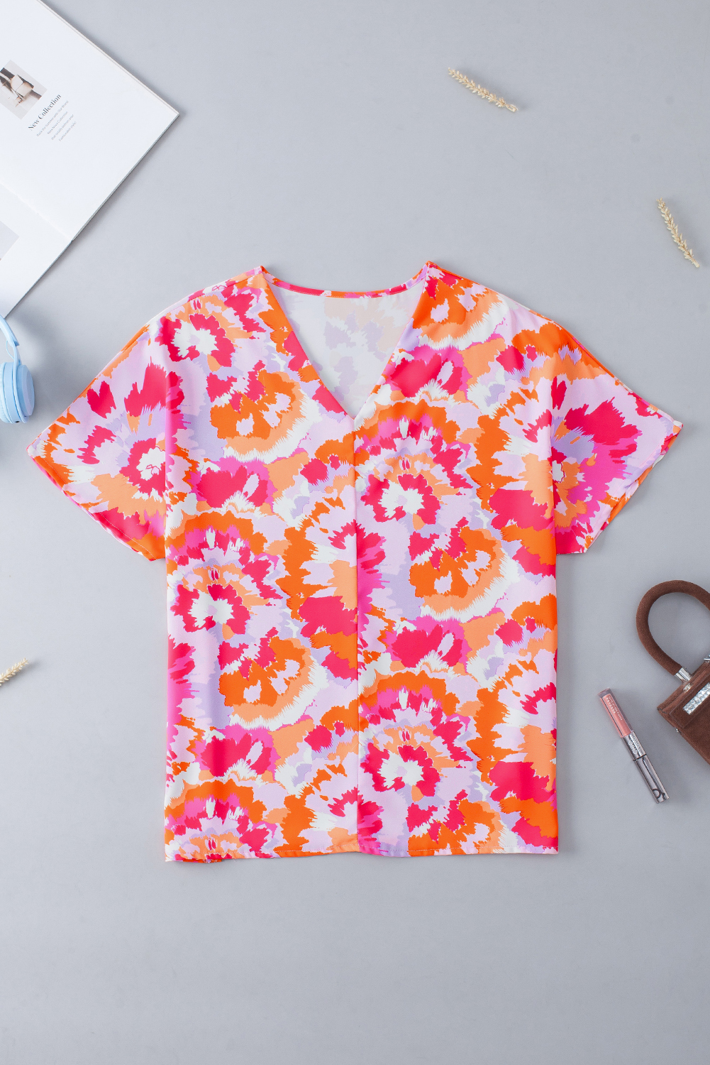 Rose Red Abstract Print V Neck Summer Blouse - loveforevers
