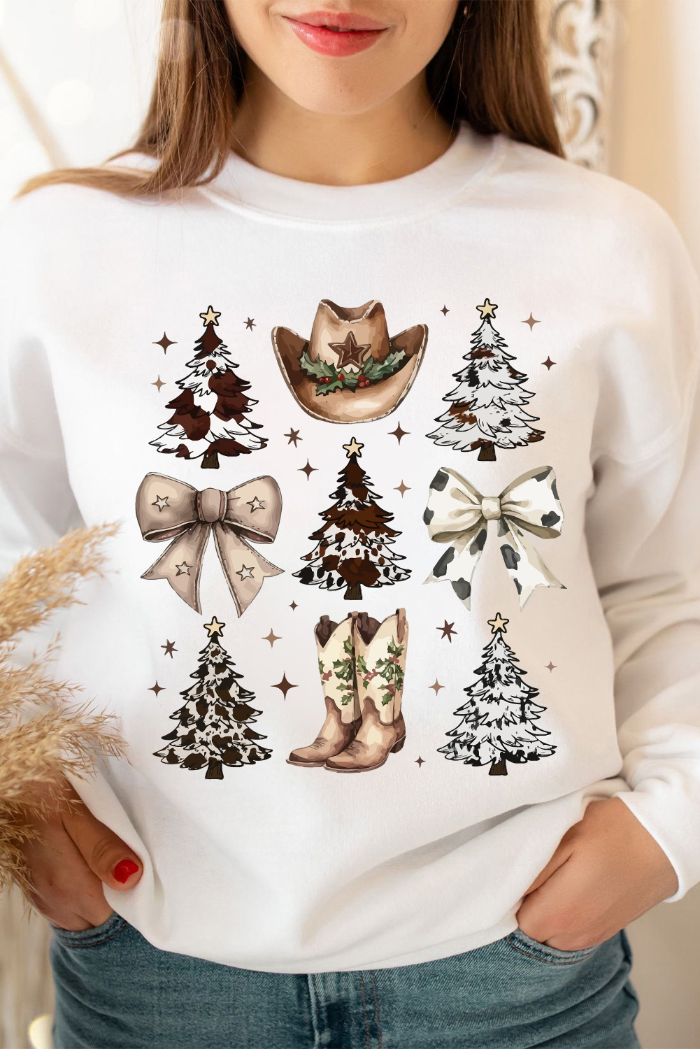 White Cowgirl Bow Christmas Tree Print Drop Shoulder Sweatshirt - loveforevers