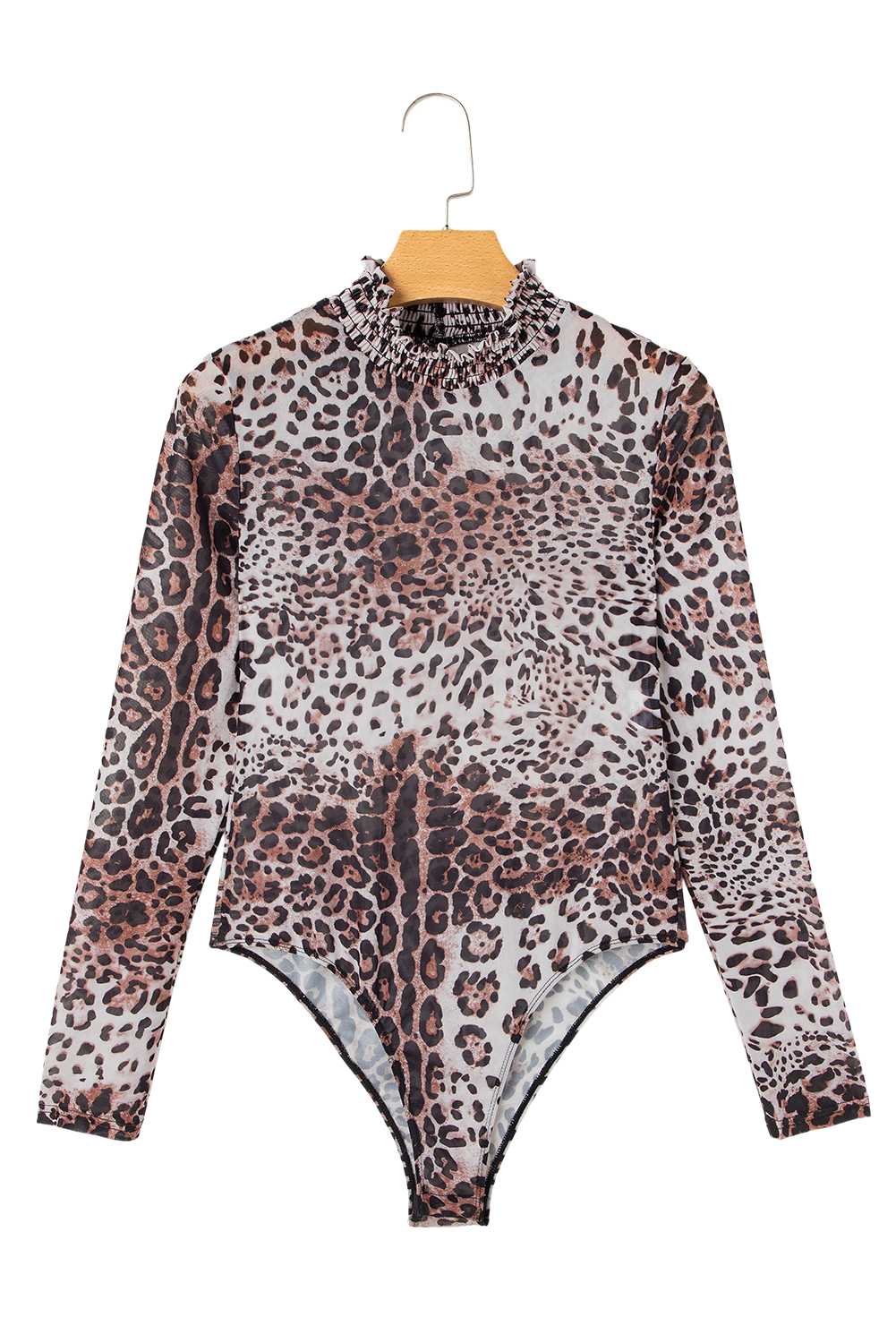 Brown Leopard Smocked Neck Mesh Long Sleeve Bodysuit - loveforevers