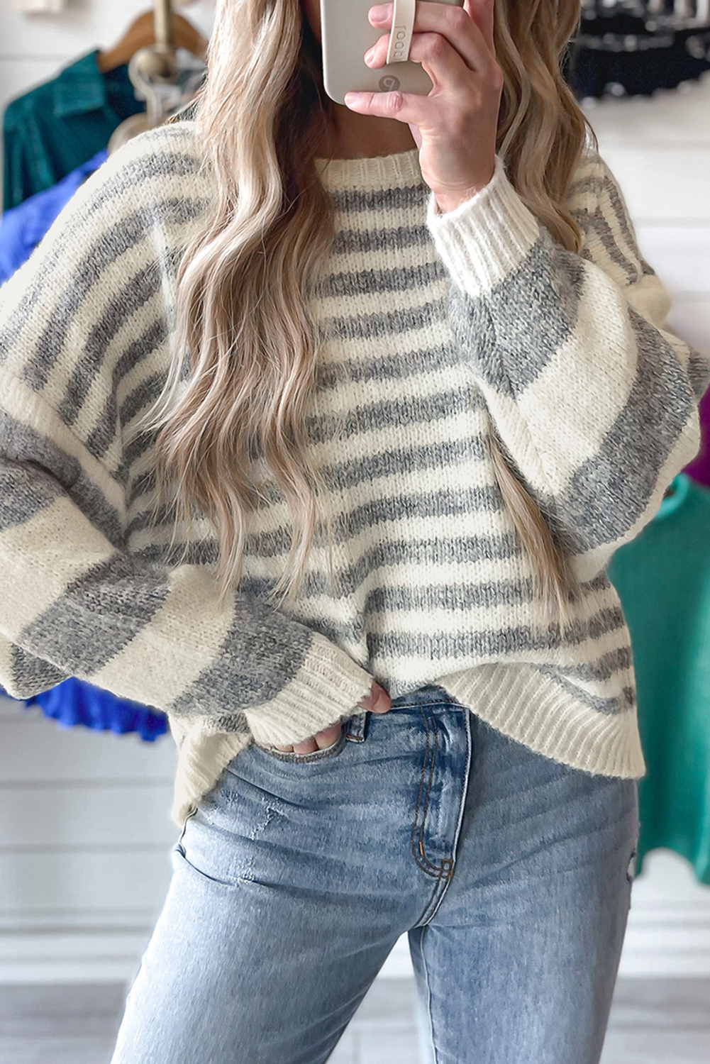 Gray Stripe Drop Shoulder Crew Neck Sweater - loveforevers