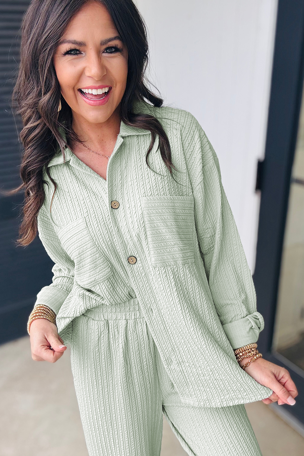 Clearly Aqua Textured Patched Chest Pocket Shirt and Pants Set - loveforevers