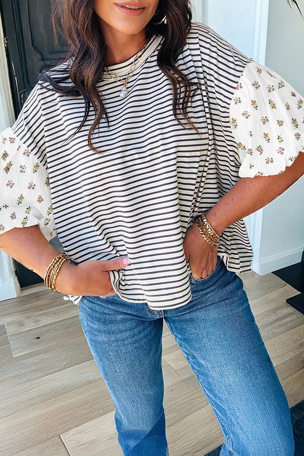 Black Stripe Floral Puff Sleeve Patchwork Round Neck Loose Top - loveforevers