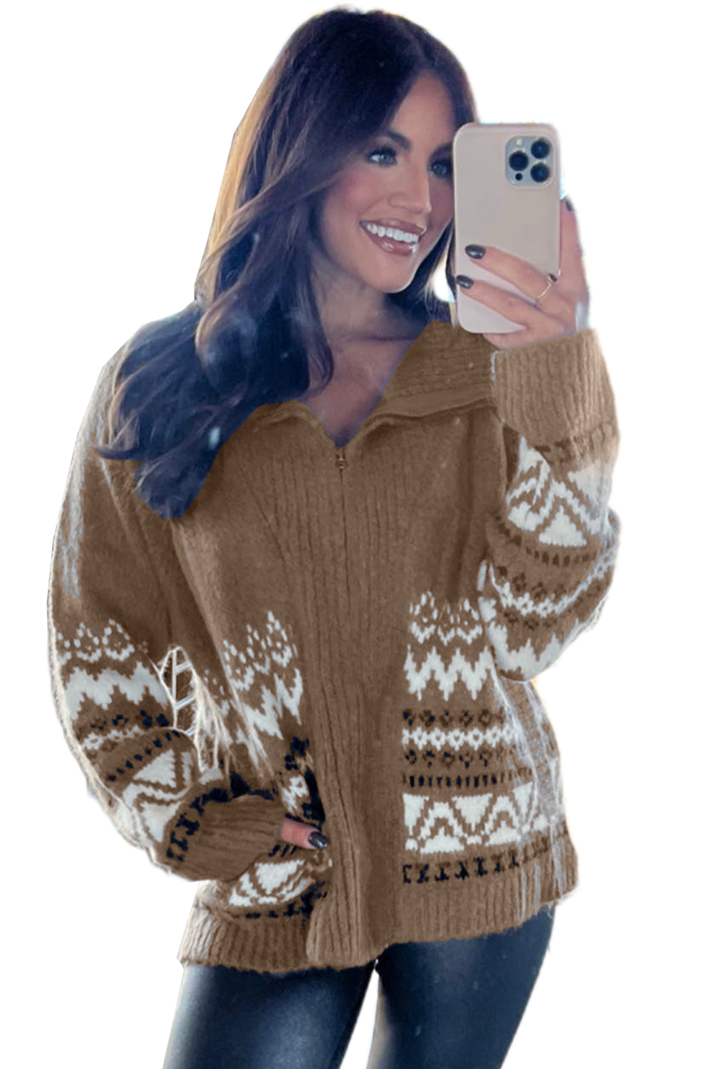 Brown Western Printed Ribbed Trim Collared Zip up Cardigan - loveforevers