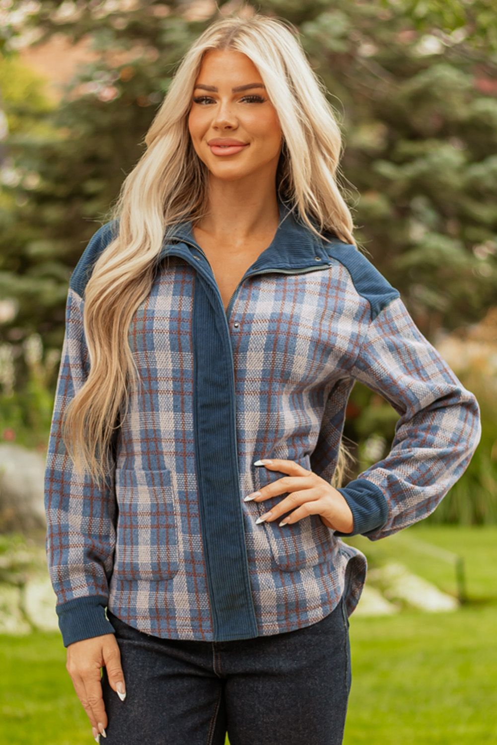 Gray Plaid Corduroy Patchwork Collared Zip Up Snap Button Jacket - loveforevers