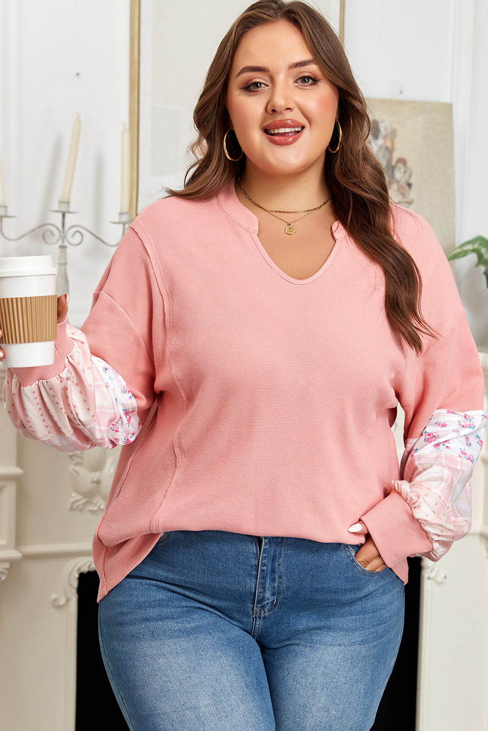 Pink Floral Sleeve Patchwork Waffle Knit Notched V Neck Plus Size Top - loveforevers