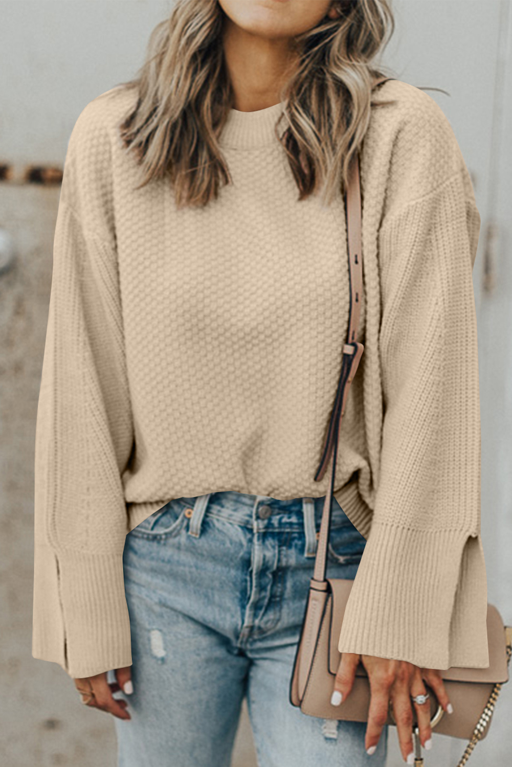 Parchment Solid Textured Knit Split Cuff Drop Shoulder Loose Sweater - loveforevers