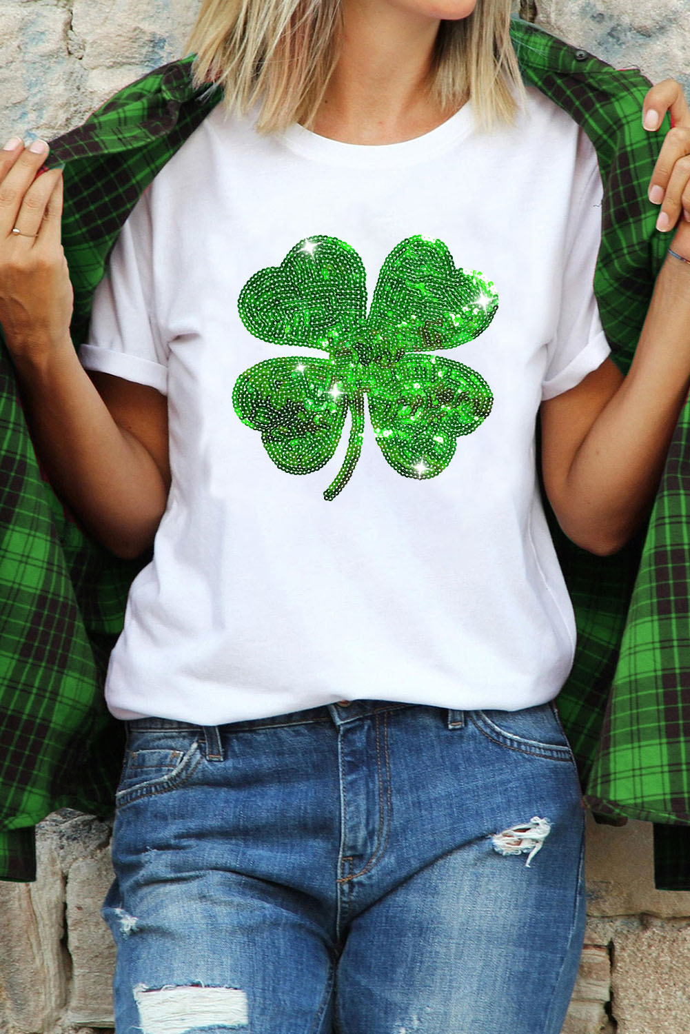 Black St. Patricks Lucky Clover Print O Neck T Shirt - loveforevers