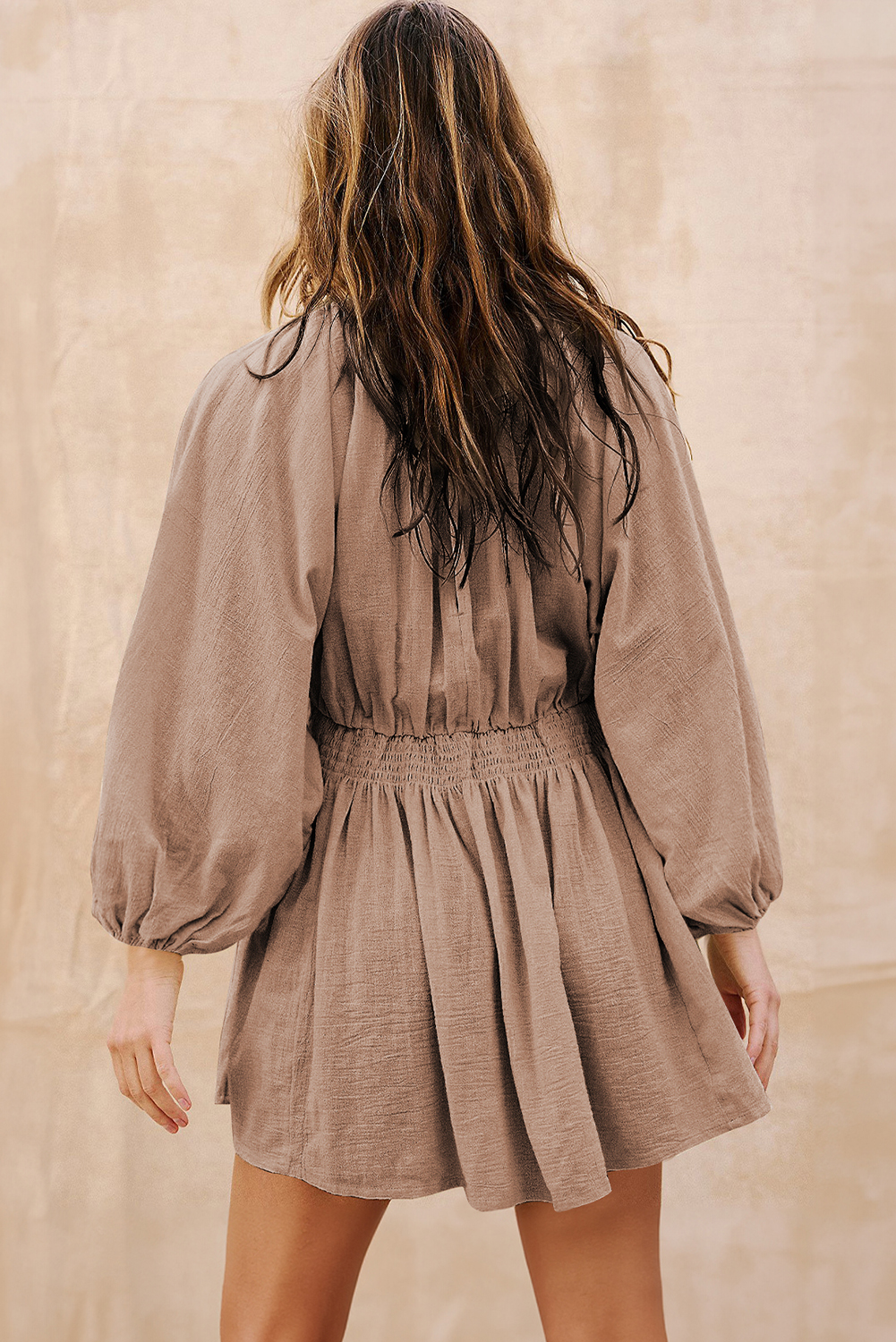 Smoke Gray Deep V Neck Bubble Sleeve Smocked Mini Dress - loveforevers