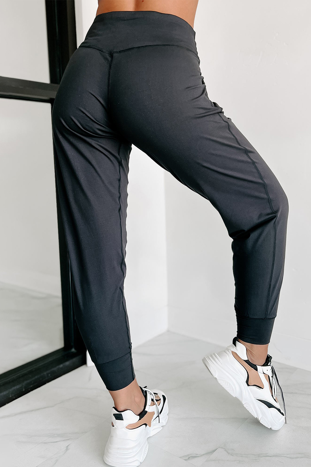 Black Exposed Seam High Waist Pocketed Joggers - loveforevers