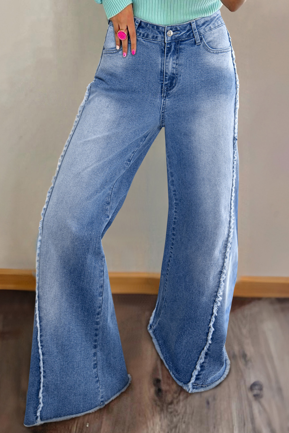 Beau Blue Vintage Stitching Raw Hem Flared Jeans - loveforevers