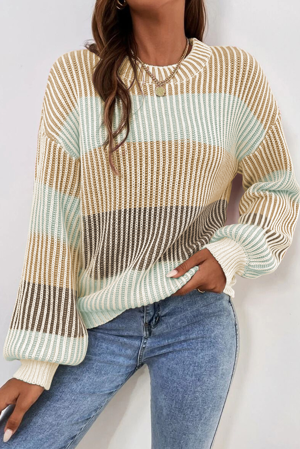 Brown Colorblock Textured Knit Bubble Sleeve Sweater - loveforevers
