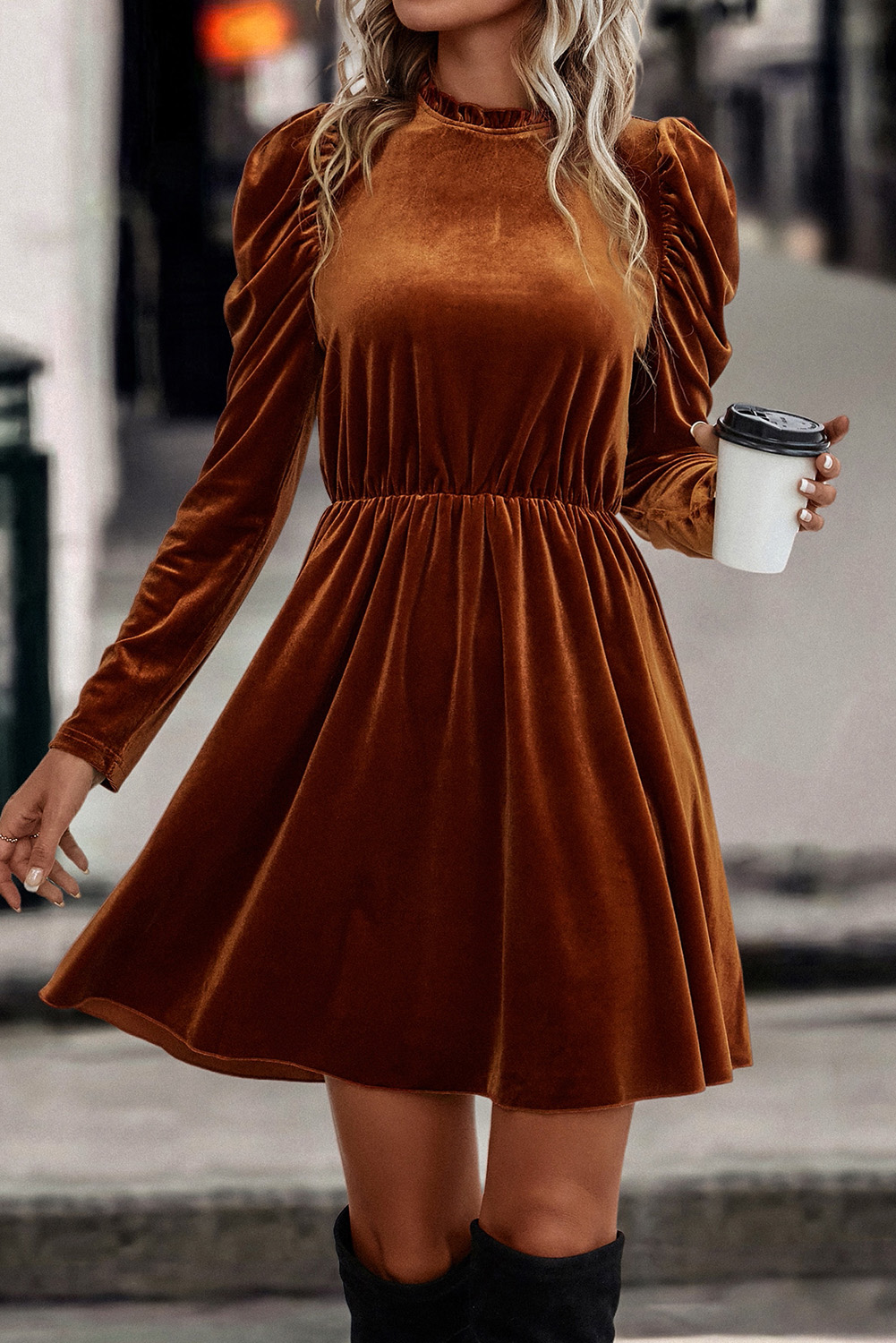 Chestnut Velvet Frilled Neck Gigot Sleeve Swing Dress - loveforevers