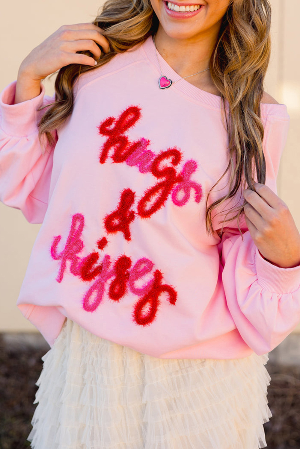 Pink Hugs and Kisses Pop Up Embroidered Raglan Sleeve Sweatshirt - loveforevers