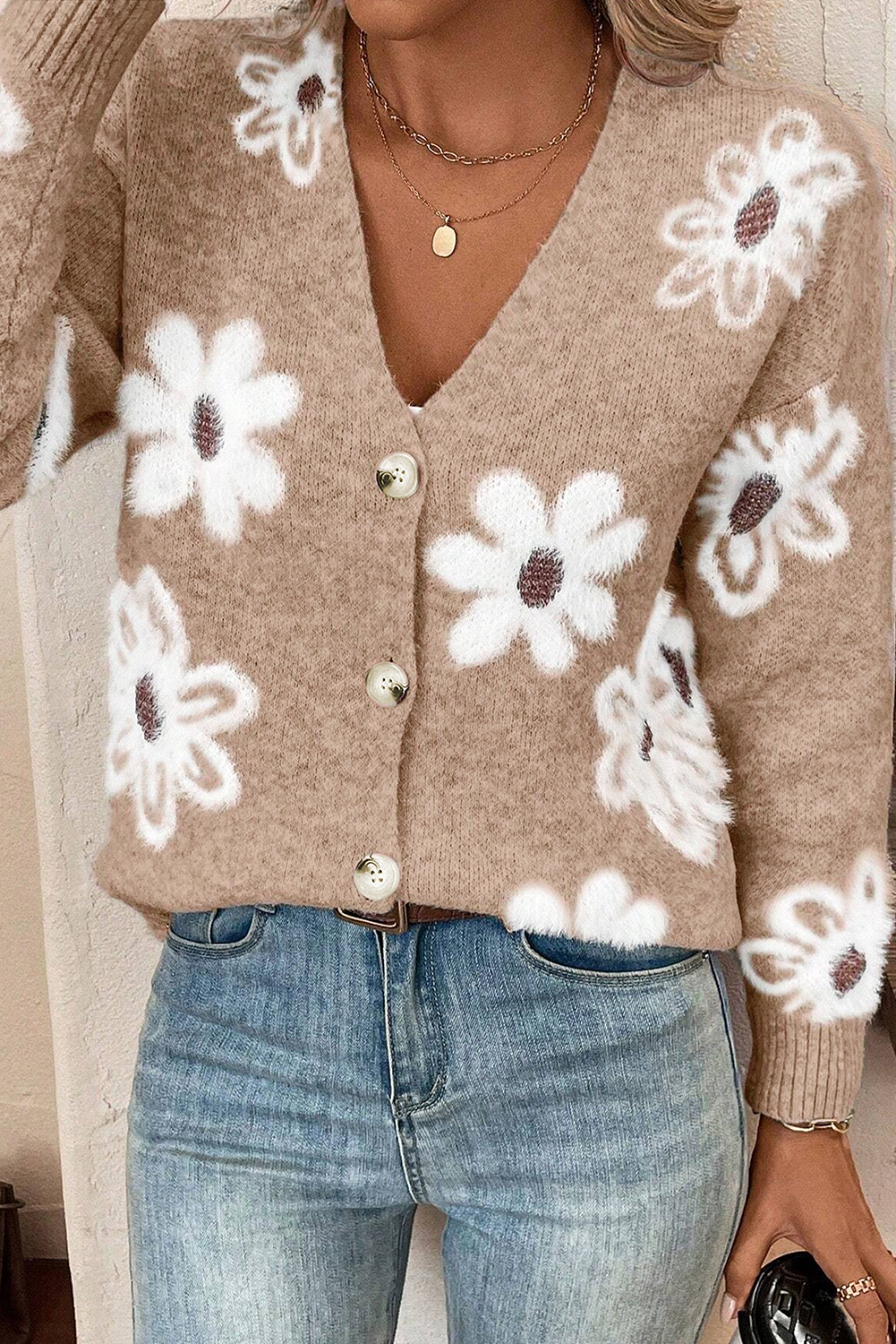 Smoke Gray Floral Print V Neck Knitted Button up Cardigan - loveforevers