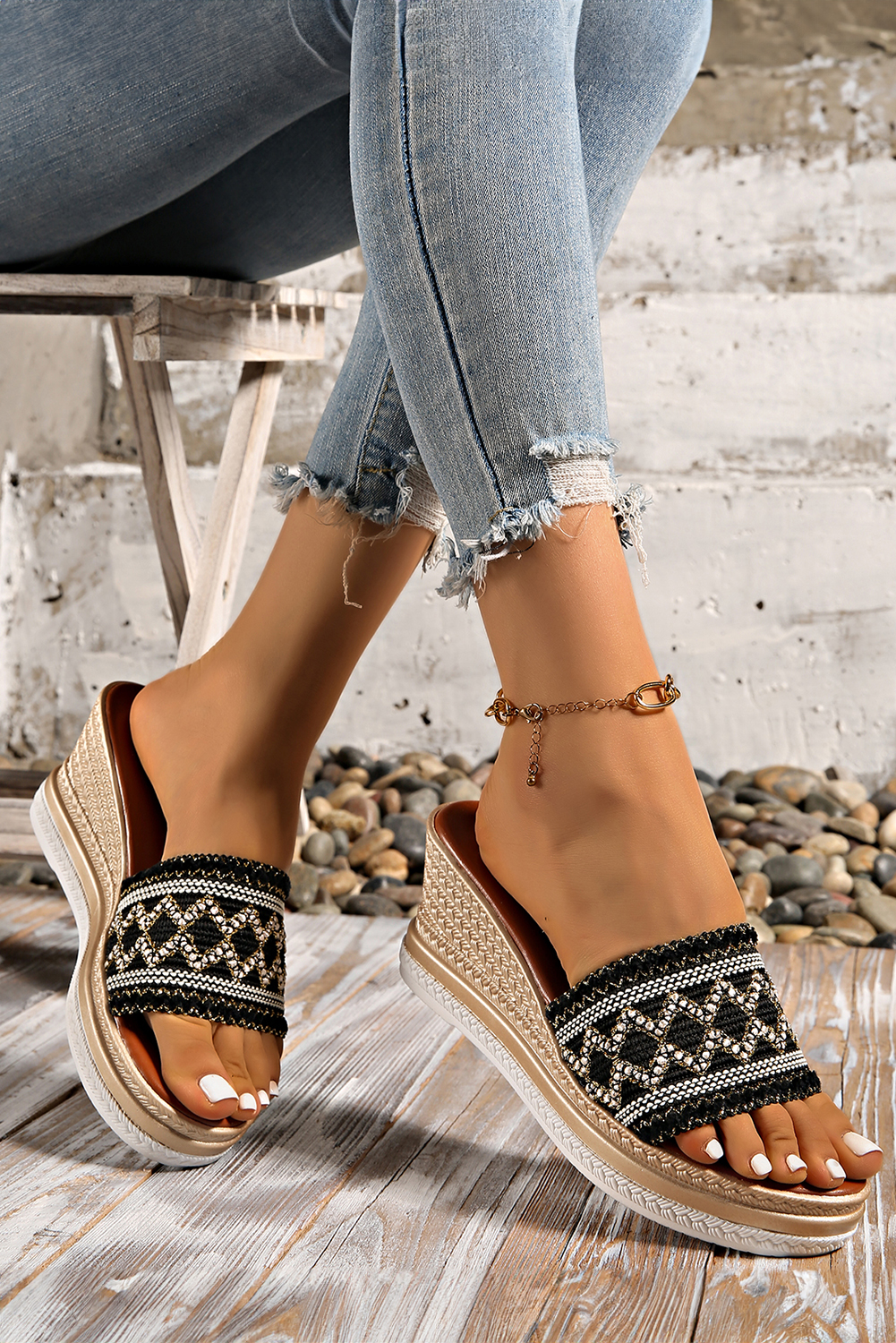 Black Woven Band PU Leather Wedge Slippers - loveforevers