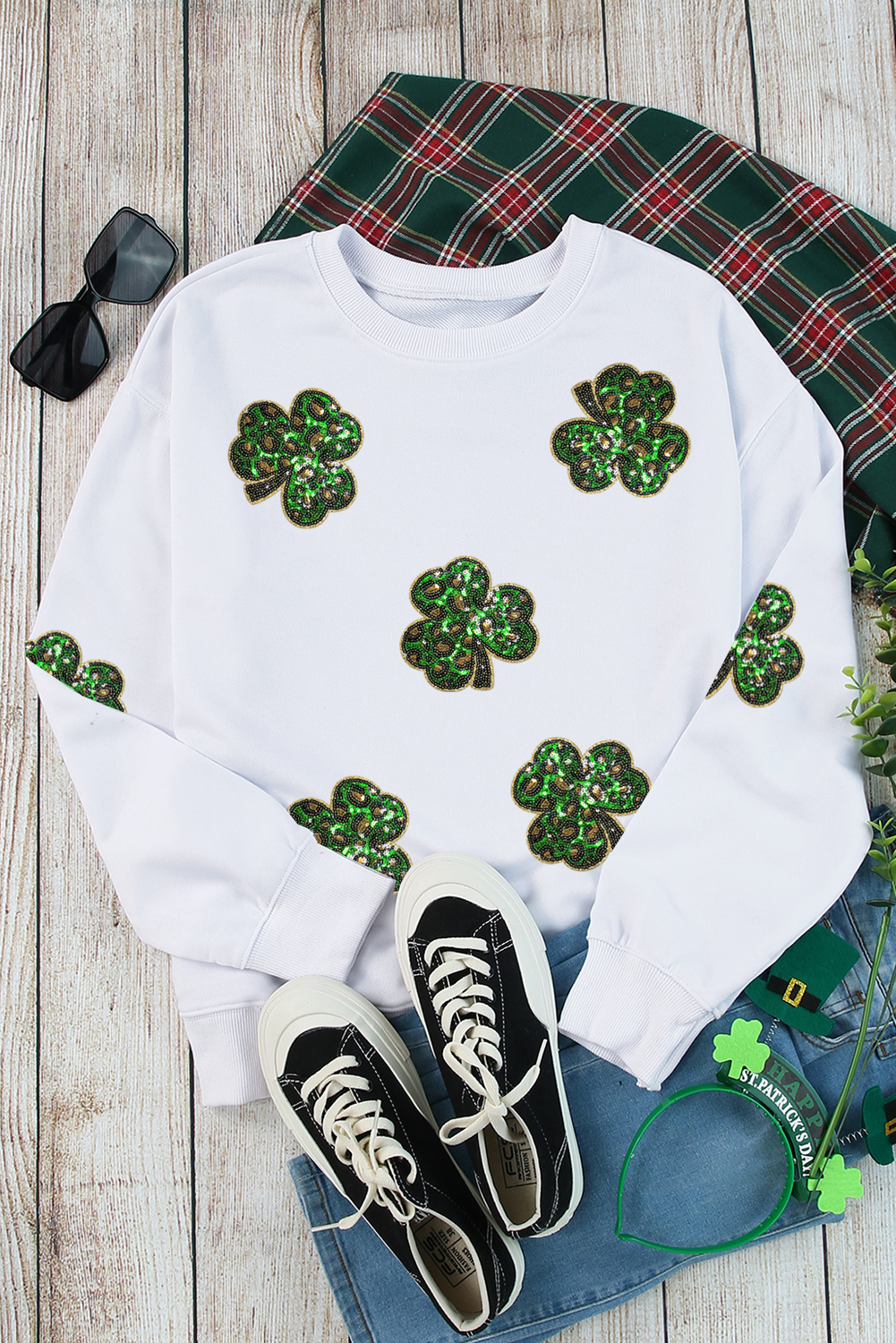 White Sequin Clover Patched Pattern St Patrick Pullover Sweatshirt - loveforevers