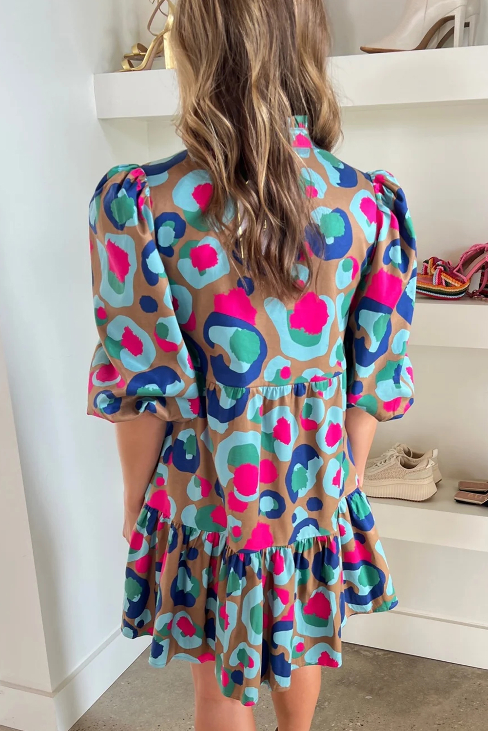 Green Leopard Print Bubble Sleeve Slit Neck Ruffled Dress - loveforevers