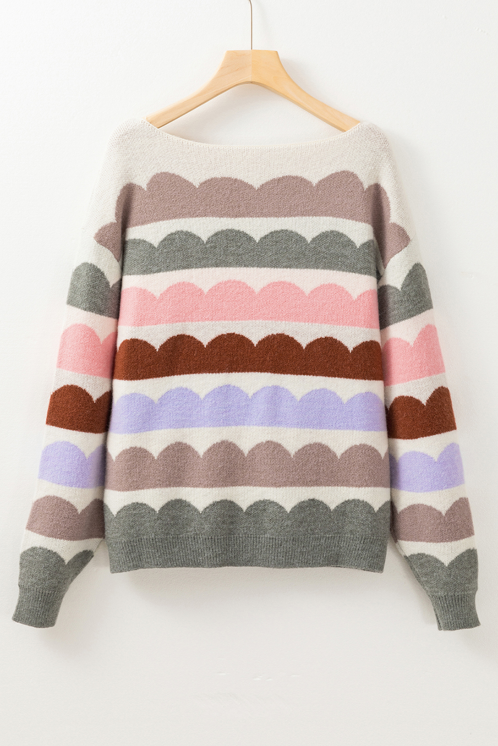 Rose Red Wave Striped Balloon Sleeve Drop Shoulder Sweater - loveforevers