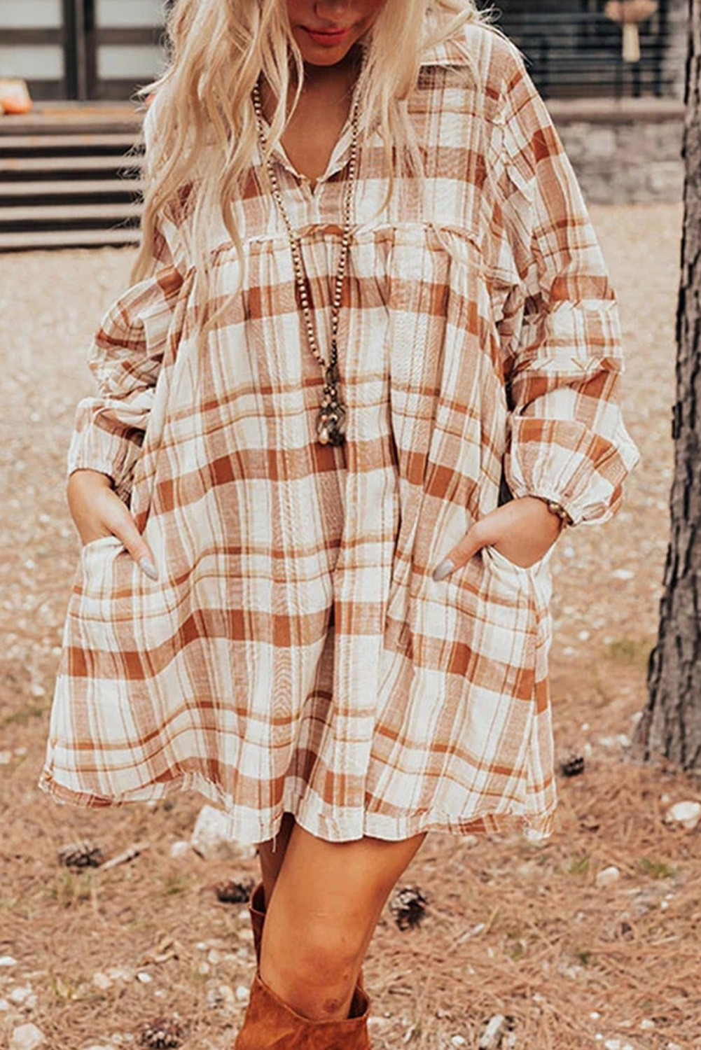 Brown Plaid Print Side Pockets Frilled Babydoll Mini Dress - loveforevers