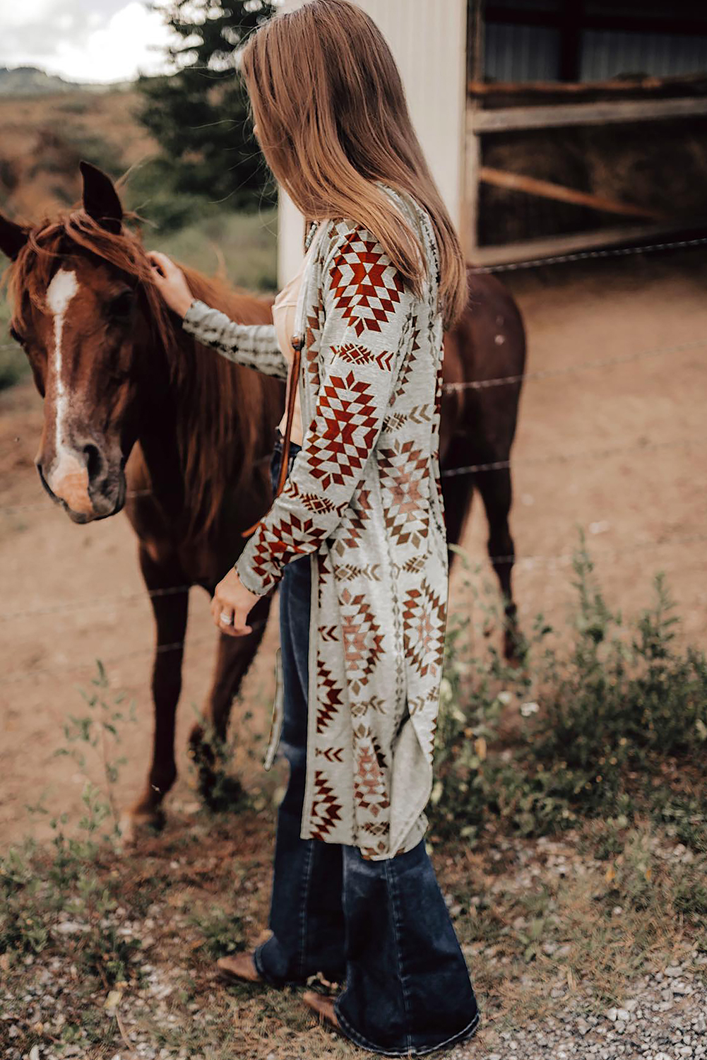Brown Western Aztec Printed Open Front Long Cardigan - loveforevers