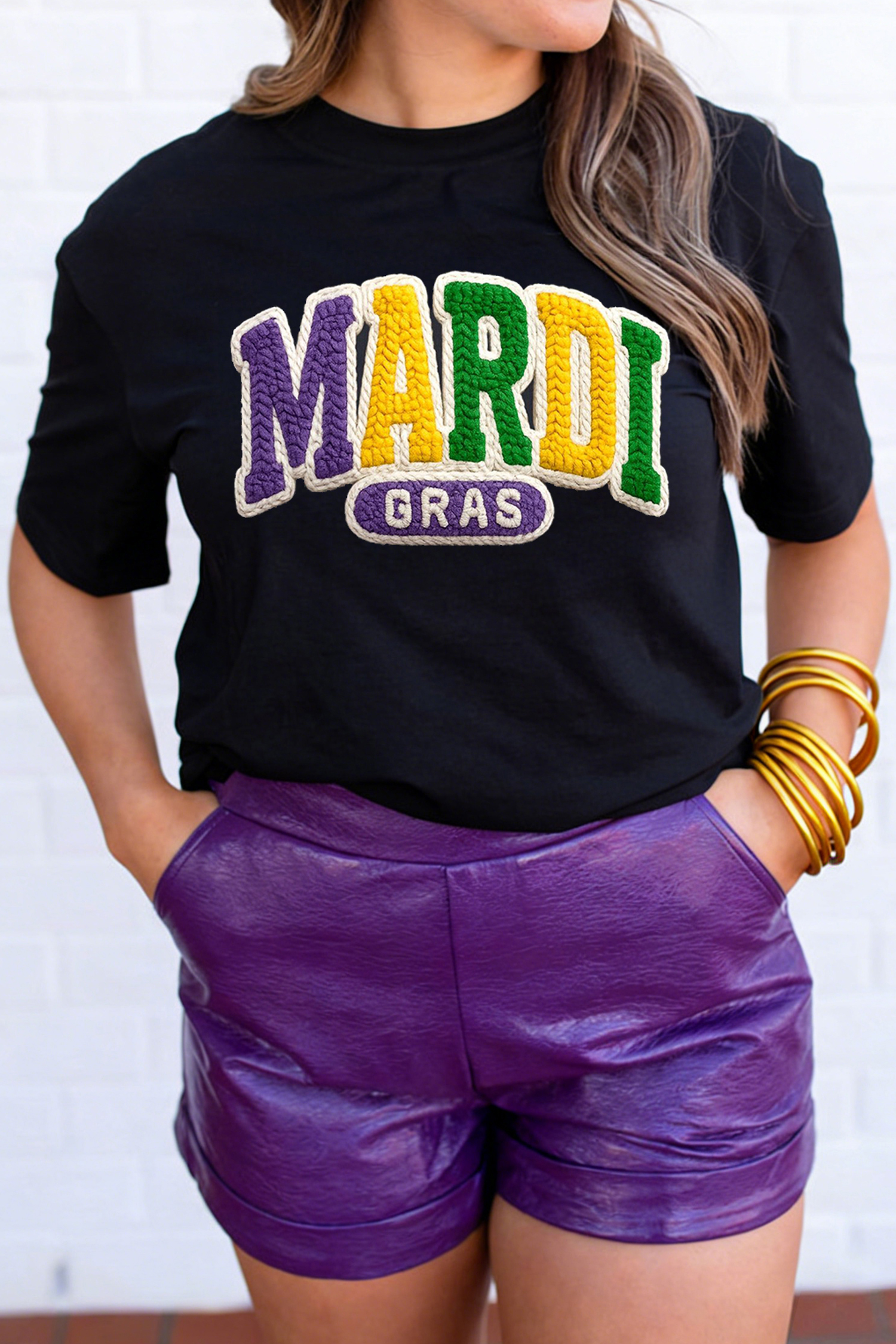 Black MARDI GRAS Faux Yarn Letter Graphic T Shirt - loveforevers