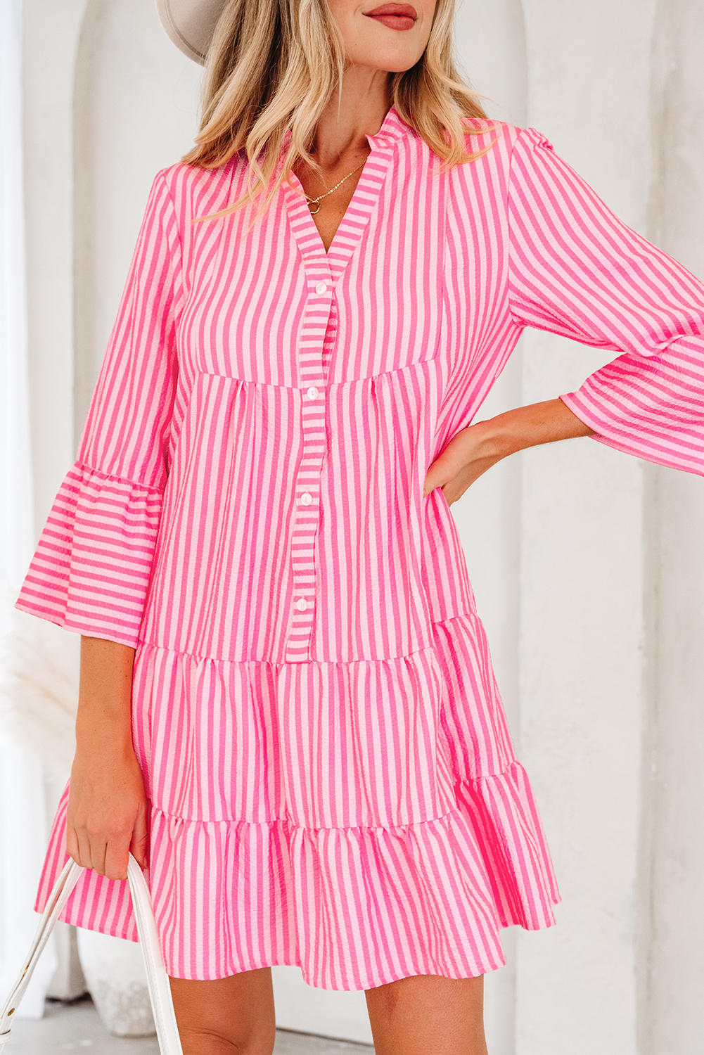 Pink Stripe Flare Sleeve Half Placket Tiered Flowy Mini Dress - loveforevers