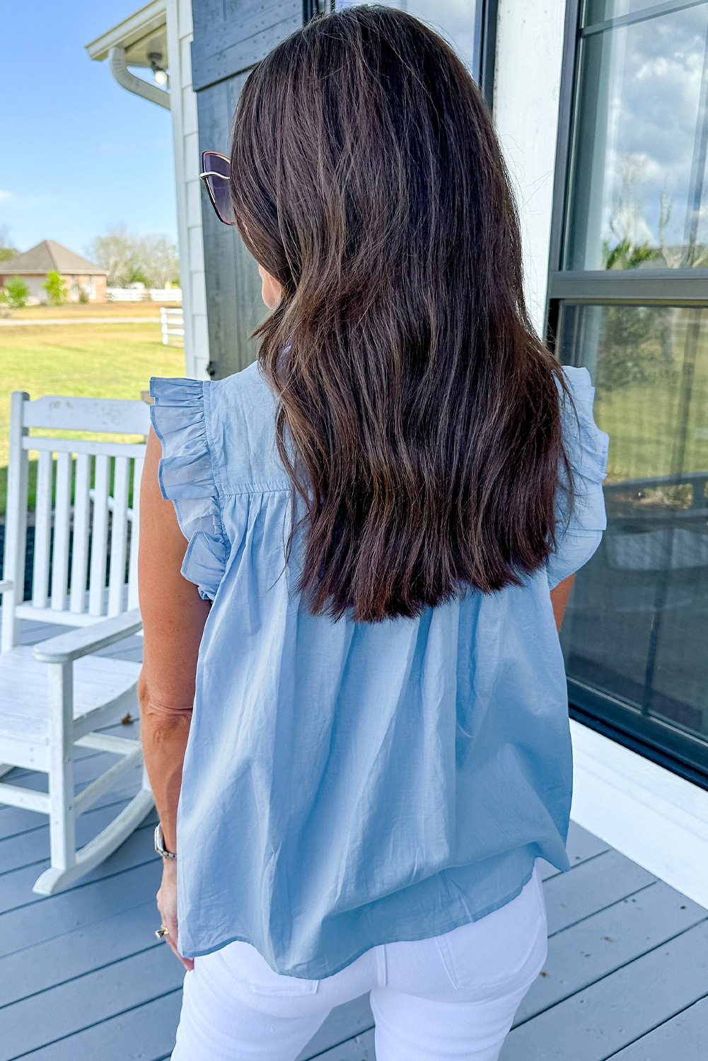 Sky Blue Ric Rac Trim Frilly Sleeveless Shirt - loveforevers