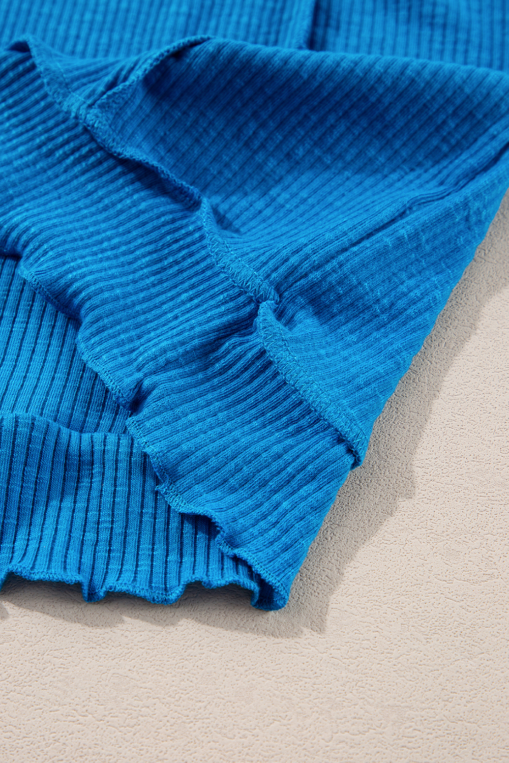 Blue Ribbed Exposed Seam Knit V Neck Long Sleeve Top - loveforevers