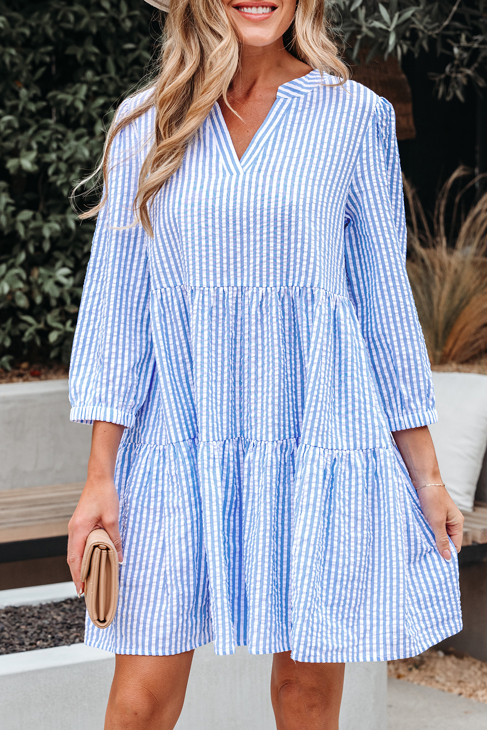 Sky Blue Stripe Bracelet Sleeve Tiered Shift Dress with Pockets - loveforevers