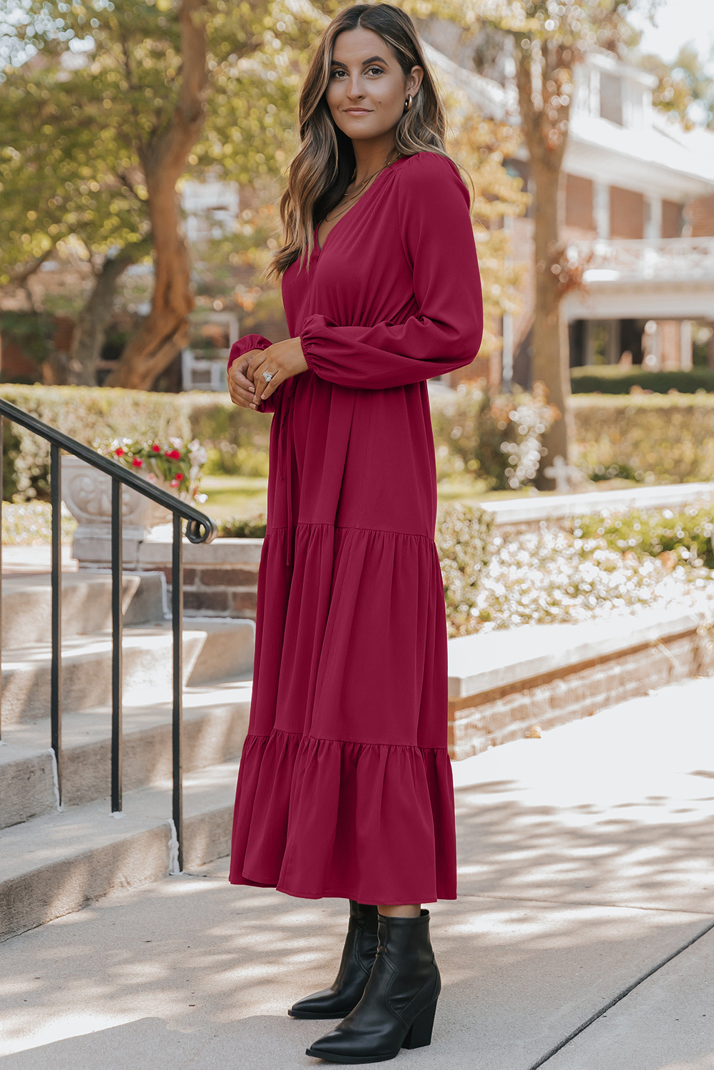Blackish Green Solid Long Sleeve Button V Neck Tiered Maxi Dress - loveforevers