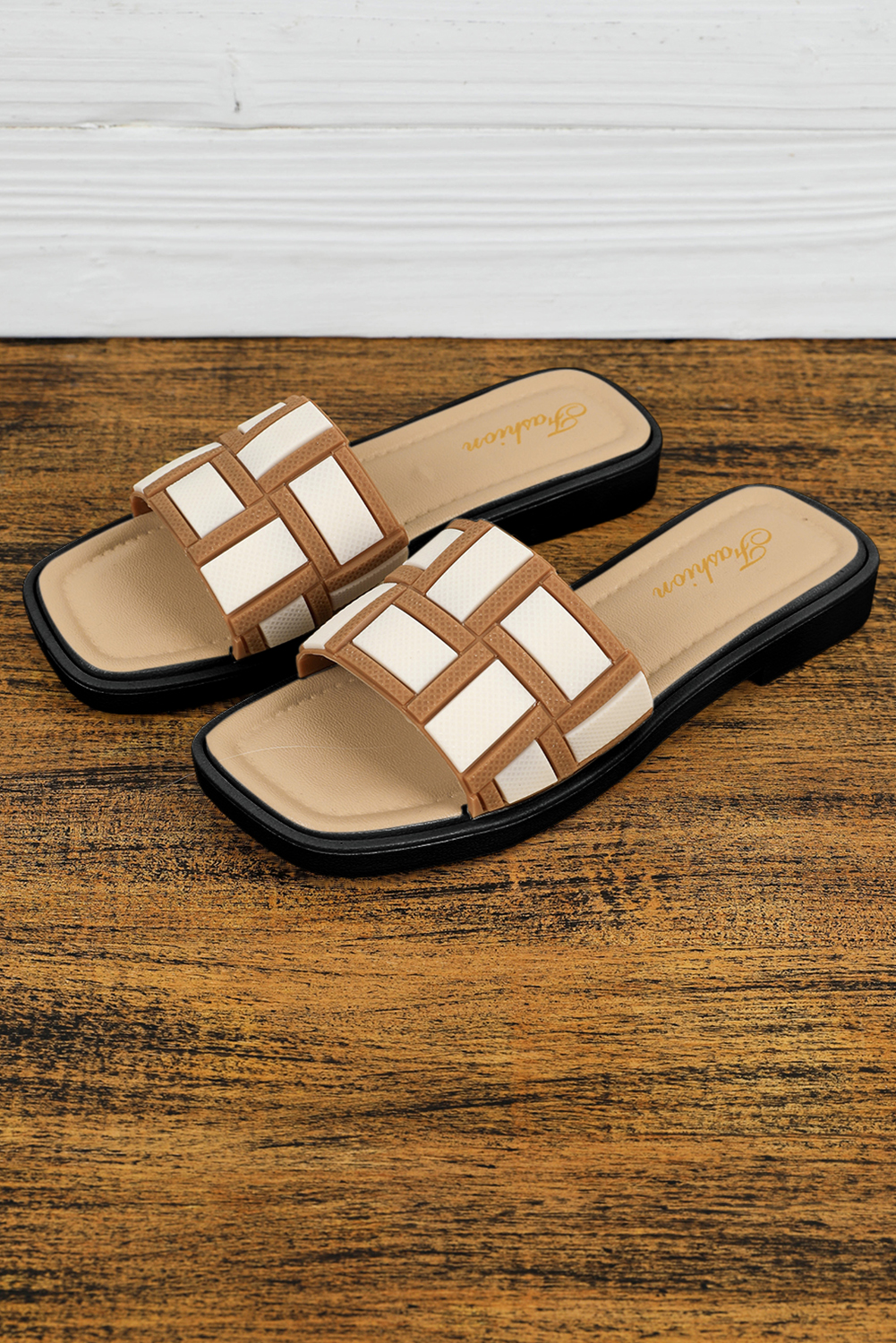 Beige Two Tone Contrast PU Leather Square Toe Slippers - loveforevers
