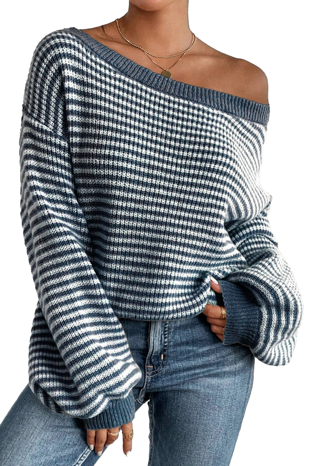 Sail Blue Striped Lantern Sleeve Drop Shoulder Cozy Sweater - loveforevers
